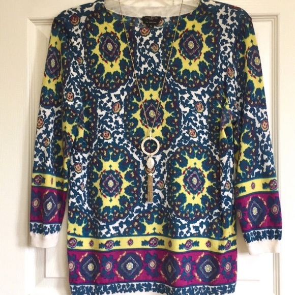 TALBOTS 100% Merino Wool Audrey Mosaics Multi Green Purple Yellow Print - Picture 3 of 12